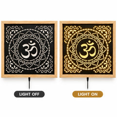 OM Wall Hanging Lighting Frame | Pine Wood Decorative Wall Hanging | Illuminated Aum Symbol Wooden Art for Home Temple, Living Room & Gift Purpose