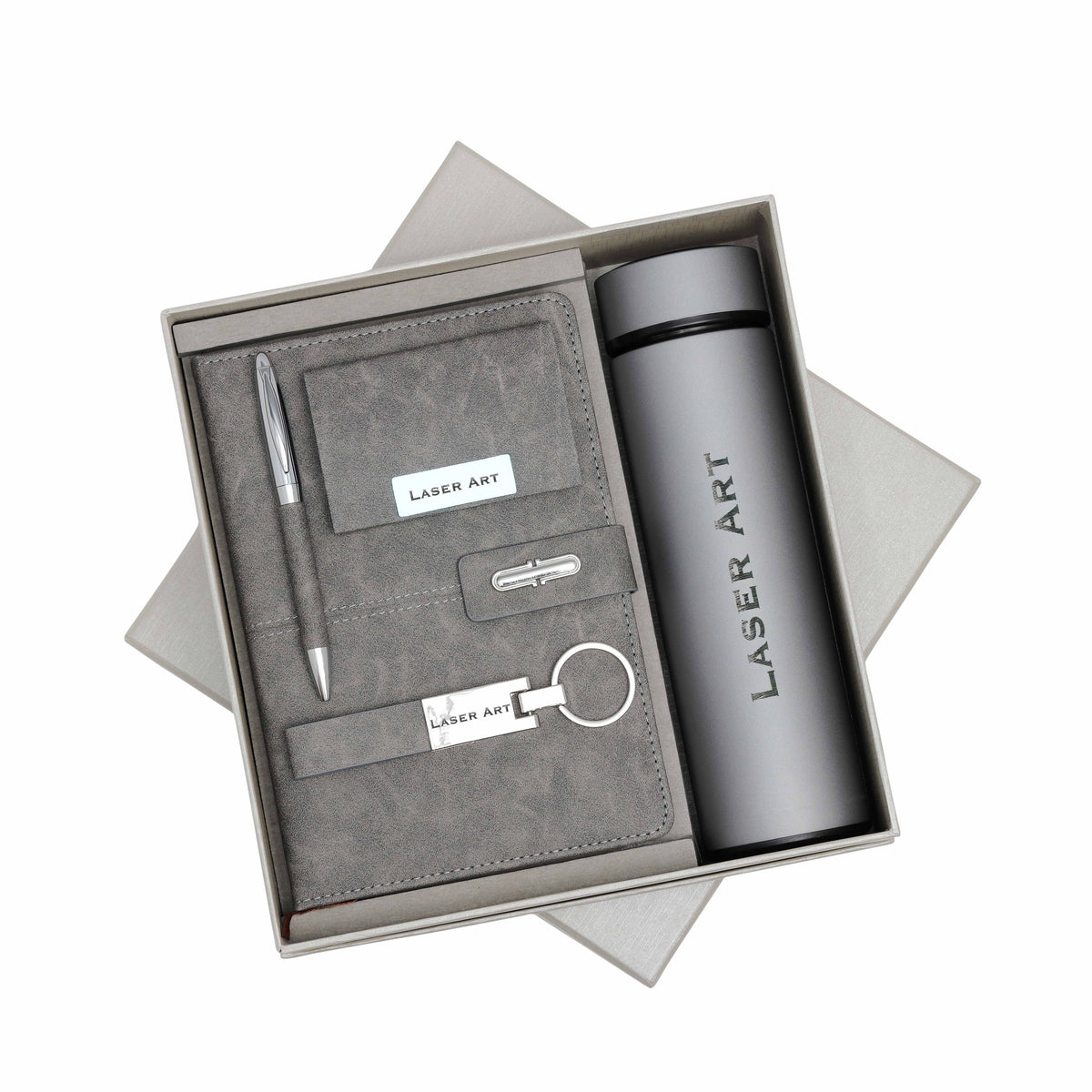 LASER ART Personalized 5-in-1 Executive Gift Set: Elegant Diary, Sophisticated Pen, Insulated Hot & Cold Bottle, Premium Card Holder, and Custom Key-Chain – The All-in-One Corporate Gift