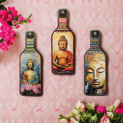 Meditating Gautam Buddha Wooden Wall Hanging | Spiritual Bottle-Shaped MDF Wall Art for Home, Living Room & Meditation Corners | UV Printed Signs & Plaques (Set Of 3)