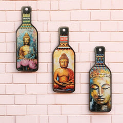 Meditating Gautam Buddha Wooden Wall Hanging | Spiritual Bottle-Shaped MDF Wall Art for Home, Living Room & Meditation Corners | UV Printed Signs & Plaques (Set Of 3)