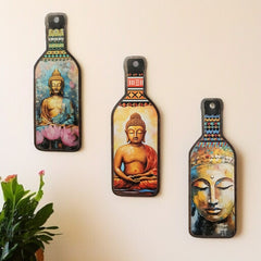 Meditating Gautam Buddha Wooden Wall Hanging | Spiritual Bottle-Shaped MDF Wall Art for Home, Living Room & Meditation Corners | UV Printed Signs & Plaques (Set Of 3)