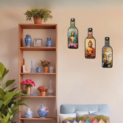 Meditating Gautam Buddha Wooden Wall Hanging | Spiritual Bottle-Shaped MDF Wall Art for Home, Living Room & Meditation Corners | UV Printed Signs & Plaques (Set Of 3)