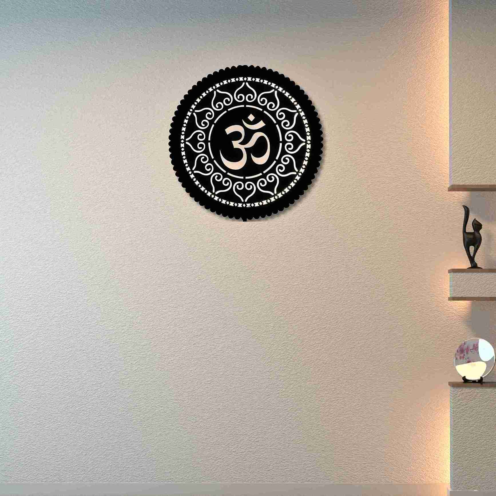 Wooden LED Wall Lamp – Spiritual Wall Sconce for Home Décor, Living Room, Meditation, and Temple | Energy - Efficient Modern LED Backlight | Religious Hindu Gift (Om) - Laser art