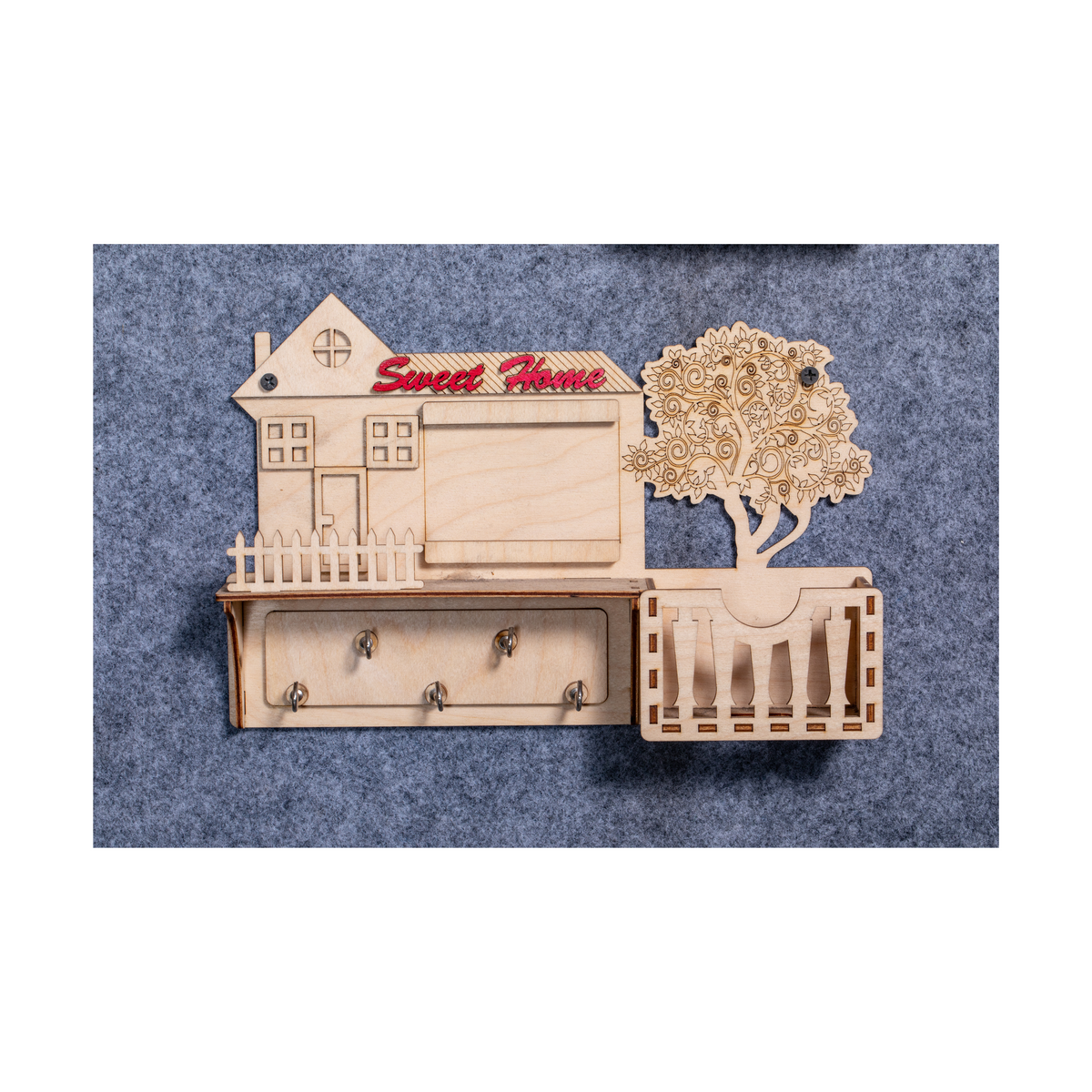 "Sweet Home Wooden Key Holder – Wall Mounted Organizer with Hooks & Tree Design – Rustic House Shape Key Stand for Entryway, Living Room & Office Décor"