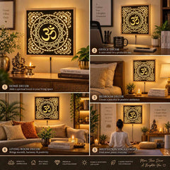 OM Wall Hanging Lighting Frame | Pine Wood Decorative Wall Hanging | Illuminated Aum Symbol Wooden Art for Home Temple, Living Room & Gift Purpose