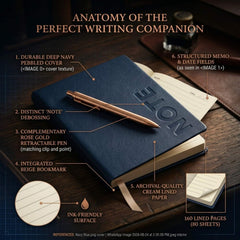 Premium A5 Navy Blue Leather Diary Notebook with Metal Pen | Executive Journal for Office, Business & Personal Use