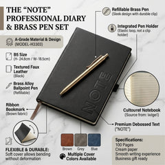 A5 Hardcover Leather Diary with Pen – Black Executive Notebook
