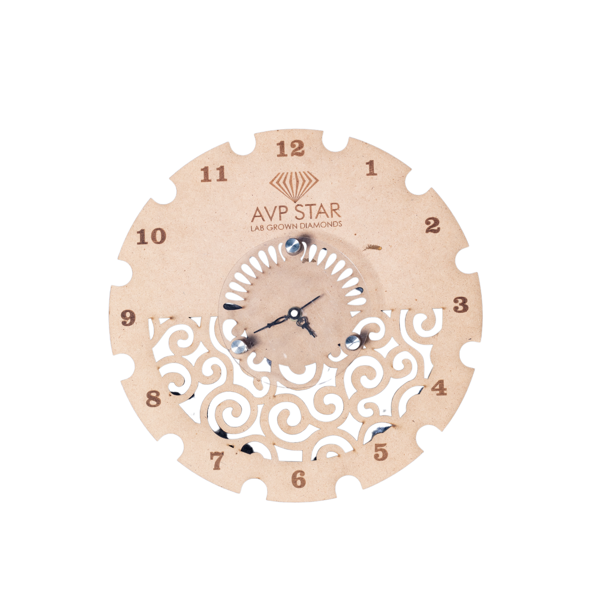 Designer MDF Wall Clock | AVP Star Branded Clock | Decorative Cutwork Pattern | Silent Movement | Artistic Décor Piece | Round Shape | Elegant Wooden Finish