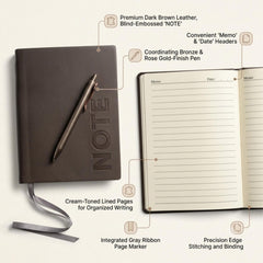 A5 Leather Diary Notebook with Metal Pen – Brown Executive Journal