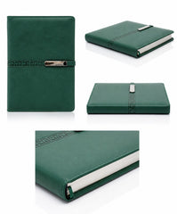 A5 Premium Green Leather Diary with Card Holder, Pen Loop & Lock