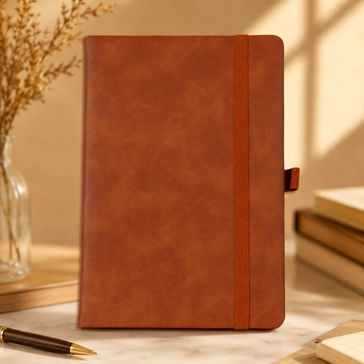 Premium A5 Hardcover Leather Diary Notebook with Pen Holder Elastic Band Ruled Pages Office Journal Writing Notebook for Work Business Meetings College Daily Planner Gift Brown