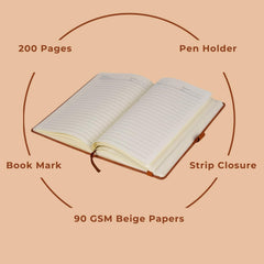 Premium A5 Hardcover Leather Diary Notebook with Pen Holder Elastic Band Ruled Pages Office Journal Writing Notebook for Work Business Meetings College Daily Planner Gift Brown