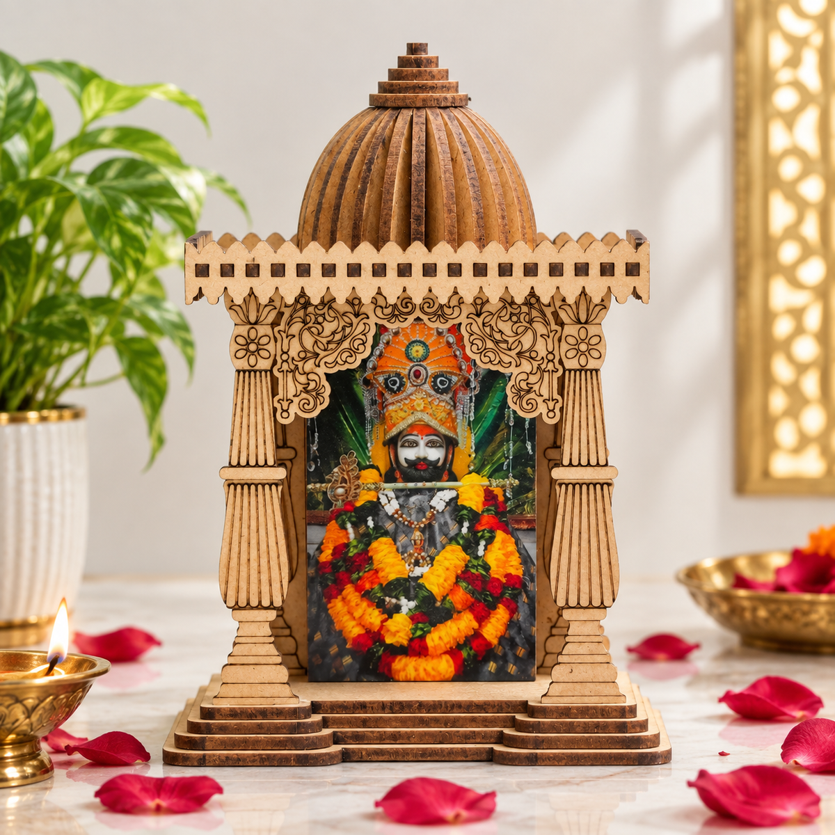 Divine Miniature Temple - Sustainable Engineered Wood Pine, Compact Design for Creativity & Spiritual Insight, Featuring Lord Khatu Shyam , 10cm x 7.5cm x 4.5cm