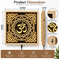 OM Wall Hanging Lighting Frame | Pine Wood Decorative Wall Hanging | Illuminated Aum Symbol Wooden Art for Home Temple, Living Room & Gift Purpose