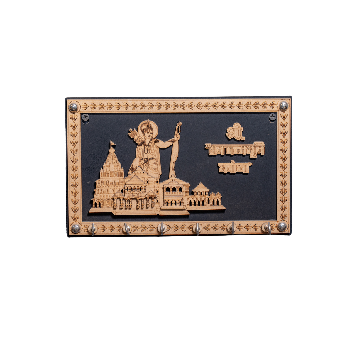 Ayodhya Ram Mandir Wooden Key Holder – Wall Mounted Organizer with Shri Ram Statue Design | 7 Hooks | Religious Home Décor | Devotional Gift for All