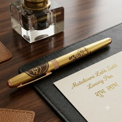 Laxmi & Shub Labh Engraved On Metal Body Rollerball Pen With Golden Trims & Blue Refill (Blue)