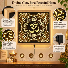 OM Wall Hanging Lighting Frame | Pine Wood Decorative Wall Hanging | Illuminated Aum Symbol Wooden Art for Home Temple, Living Room & Gift Purpose