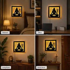 Laser Art Lord Shiva LED Wall Decor Frame 12x12 Inch | Mahadev Wall Hanging with Warm Yellow Light | Wooden & MDF Wall Art | USB Power Adapter Included | Spiritual Home Temple Living Room Decor