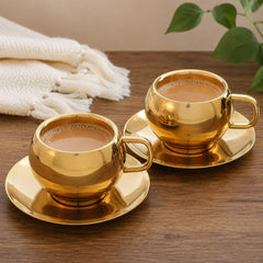 Gold-Plated Stainless Steel Tea Cup and Saucer pack of 2  - Elegant Drinkware Combo Idol for Home & Gifting for Every Occasion