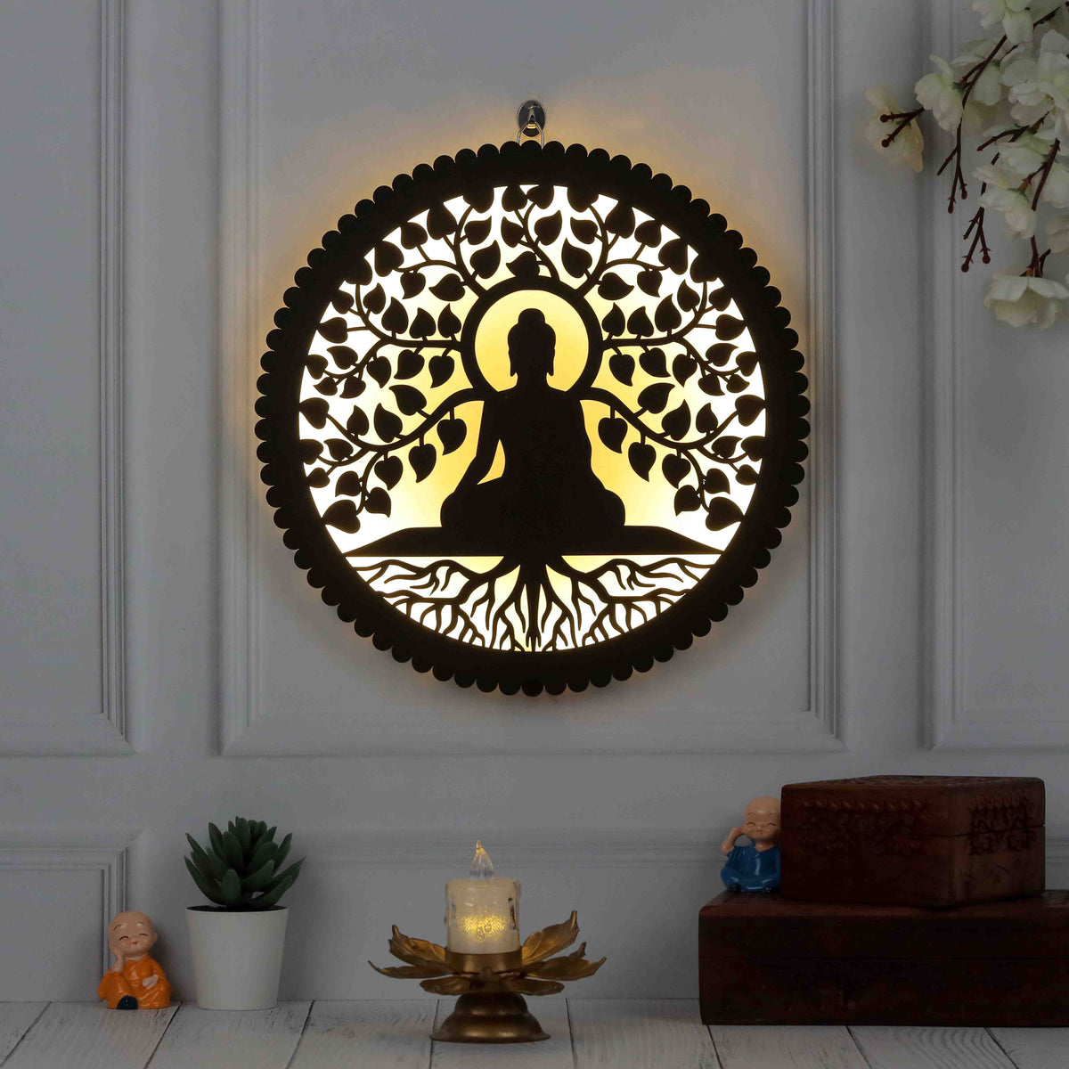 Wooden Wall Decor Buddha Wall Lamp with LED Light – Spiritual Wall Decor, Bodhi Tree Design, Ideal for Bedroom, Living Room, Meditation, and Yoga Spaces