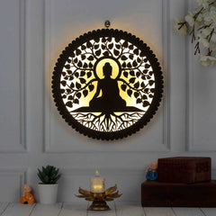 Wooden Wall Decor Buddha Wall Lamp with LED Light – Spiritual Wall Decor, Bodhi Tree Design, Ideal for Bedroom, Living Room, Meditation, and Yoga Spaces