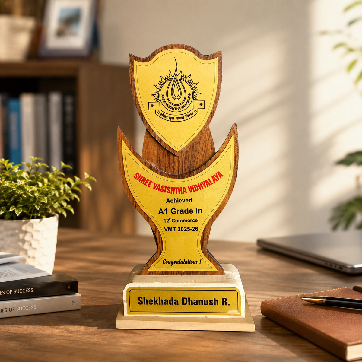 Personalized Wooden Trophy Award with Custom Name Plate MDF