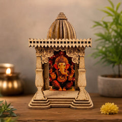 LASER ART Divine Miniature Temple with Lord Ganesha – A Timeless Gift of Faith and Tradition – for Car Dashboard, Desk, and Home (4" H x 2.75" W x 1.75" D) (Ganesha : Remover's Realm)