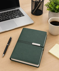 A5 Premium Green Leather Diary with Card Holder, Pen Loop & Lock