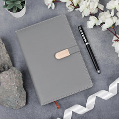 Classic Gray Notebook and Pen Set with Rose Gold Magnetic Closure