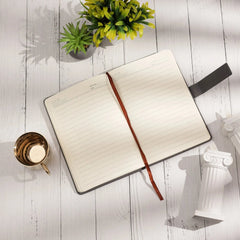 Elegant Gray Leather Notebook with Decorative Border and Strap Closure