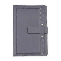 Elegant Gray Leather Notebook with Decorative Border and Strap Closure