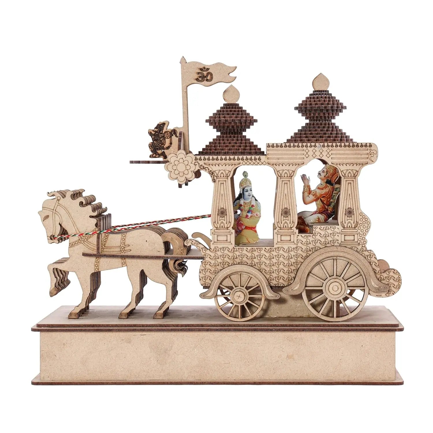 Krishna Arjuna Rath, MDF Spiritual Decor with Wooden Gift Box, 28.5x12.5x24 cm, Ideal for Gifting and Home Decor - Laser art