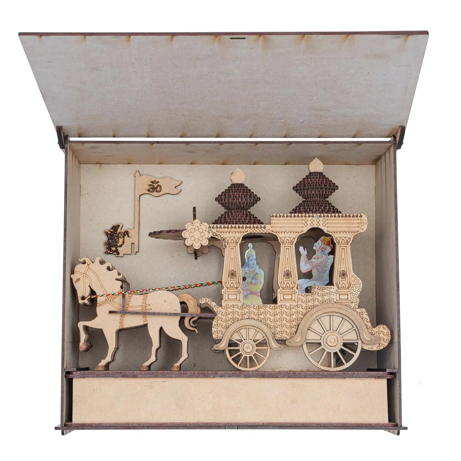 Krishna Arjuna Rath, MDF Spiritual Decor with Wooden Gift Box, 28.5x12.5x24 cm, Ideal for Gifting and Home Decor - Laser art