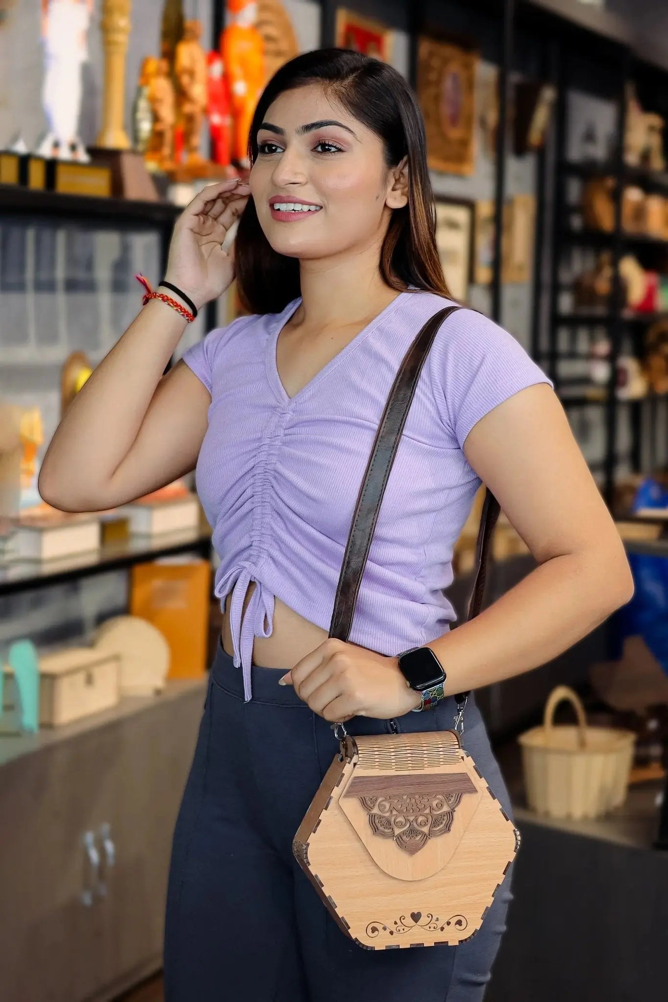 Laser Art Women's Decorative Hot Purse for Girls Perfect Design in Lesser Cutting Wooden Purse Ladies Wallet, Latest Handbags for Woman with Leather