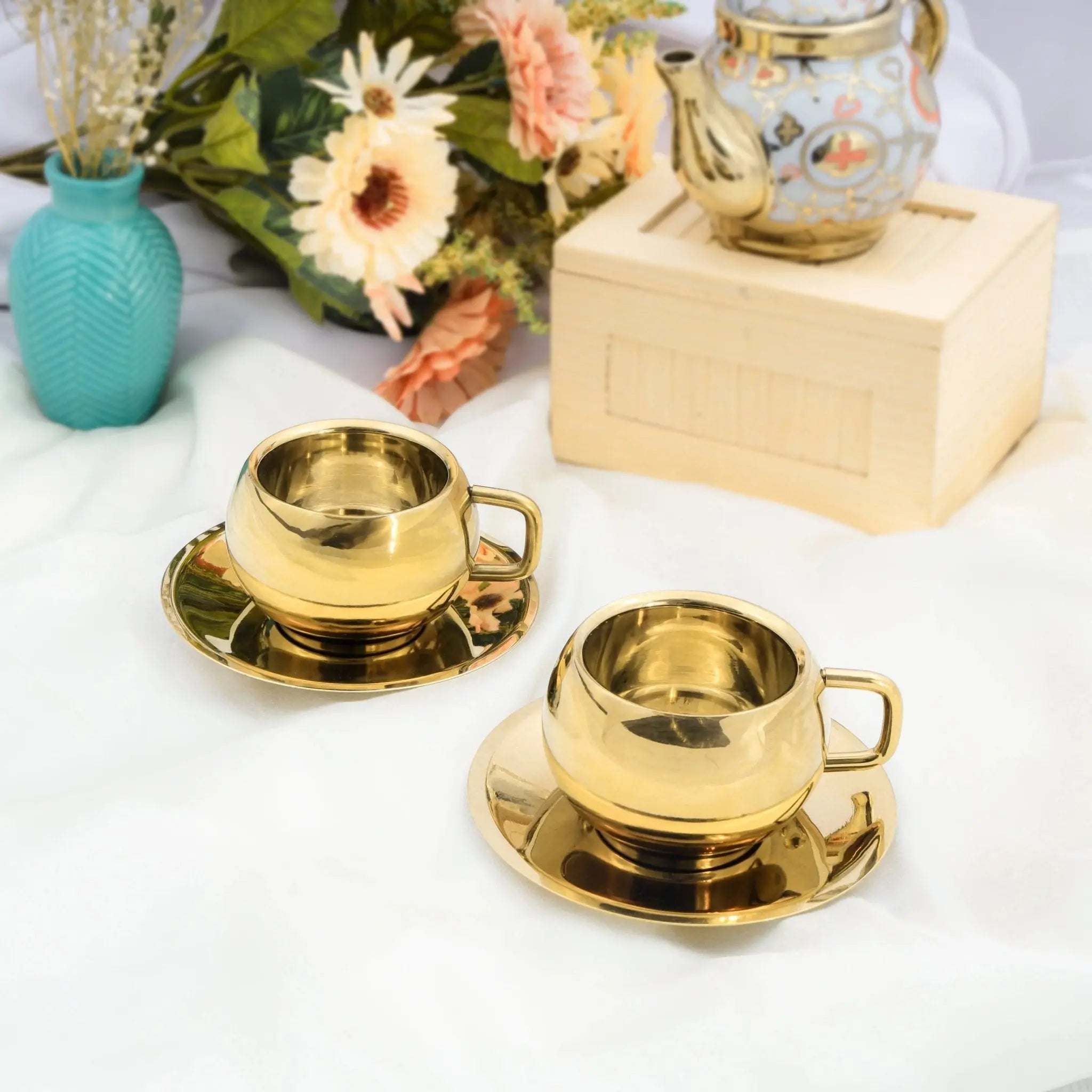 Luxury Gold - Plated Stainless Steel Tea Cup and Saucer - Elegant Drinkware Combo Idol for Home & Gifting for Every Occasion - Laser art