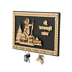 Ayodhya Ram Mandir Wooden Key Hold – Wall Mounted Organizer with Shri Ram Statue Design | 7 Hooks | Religious Home Décor | Devotional Gift for All