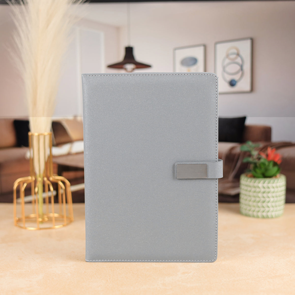 Elegant Gray Leather Notebook with Metal Clasp