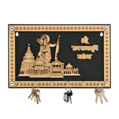 Ayodhya Ram Mandir Wooden Key Hold – Wall Mounted Organizer with Shri Ram Statue Design | 7 Hooks | Religious Home Décor | Devotional Gift for All