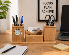 Wooden Desk Organizer with Clock & Card Holder for Office Table