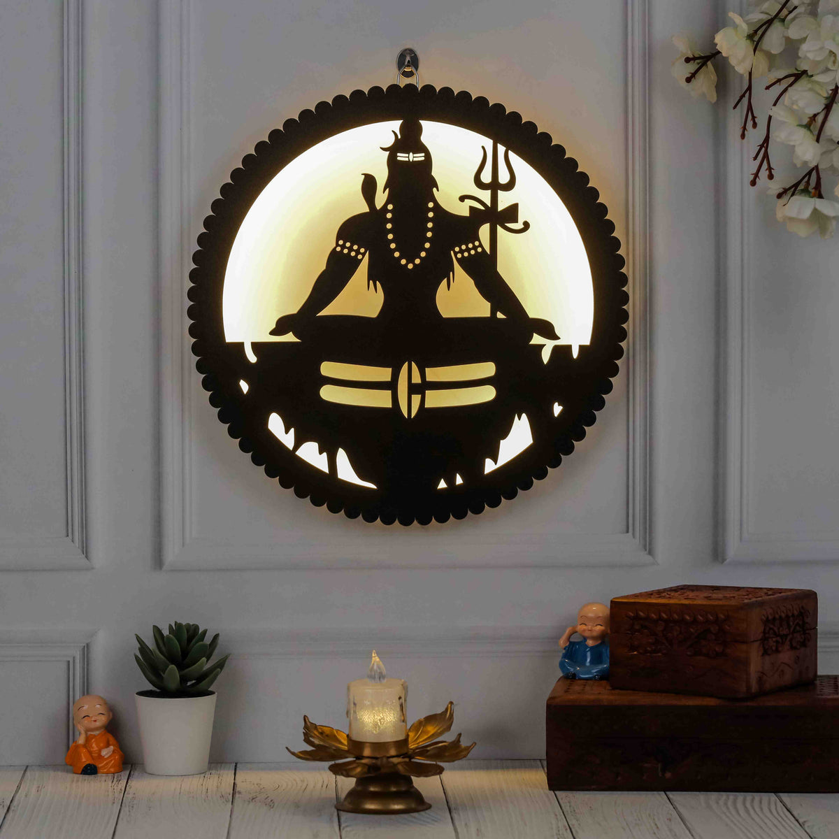 Wooden Shiva Wall Lamp with LED Light – Wall Decor for Living Room, Bedroom, Meditation Room – Spiritual Adiyogi Design Sconce, Ambient Lighting for Home, Yoga, and Meditation Spaces