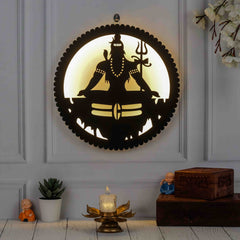 Wooden Shiva Wall Lamp with LED Light – Wall Decor for Living Room, Bedroom, Meditation Room – Spiritual Adiyogi Design Sconce, Ambient Lighting for Home, Yoga, and Meditation Spaces