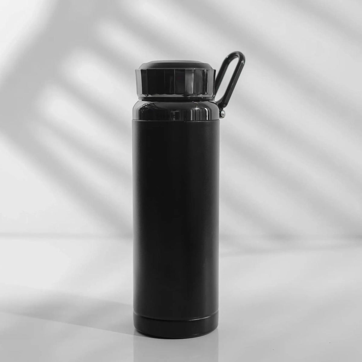 Sleek Black Stainless Steel Water Bottle with Carabiner Lid