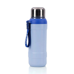 Stylish Blue and Silver Insulated Water Bottle with Carry Strap