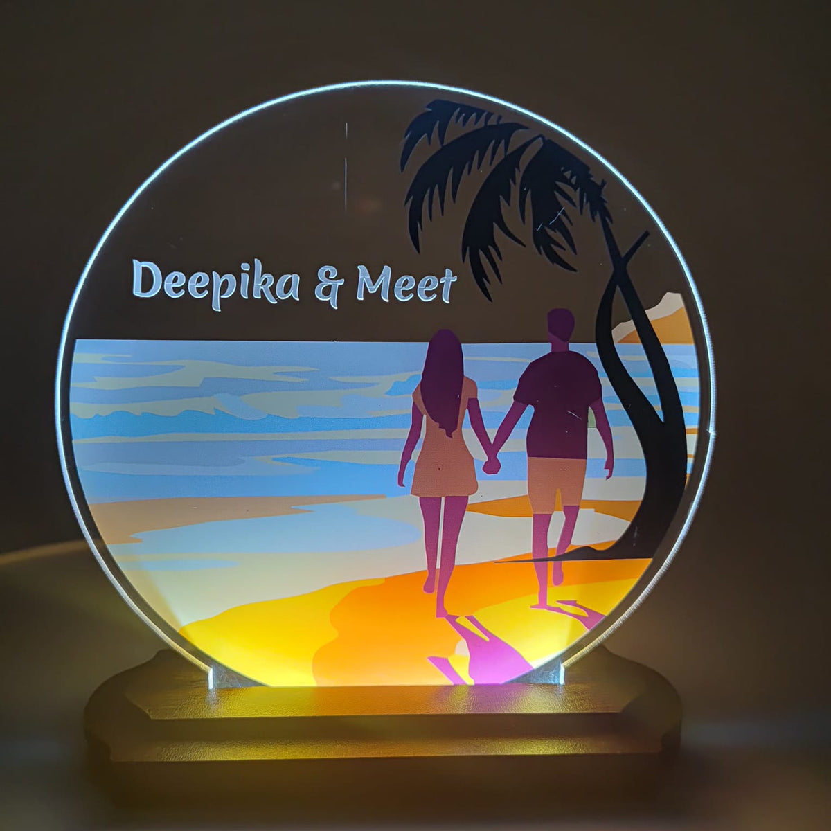 LASER ART Personalized LED Acrylic Night Lamp | Beach Theme Couple Table Light | Customized Romantic Gift for Anniversary, Bedroom, Living Room & Valentine's Day