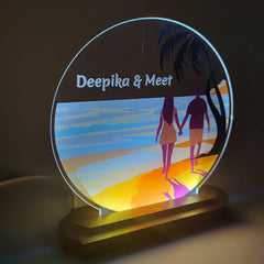 LASER ART Personalized LED Acrylic Night Lamp | Beach Theme Couple Table Light | Customized Romantic Gift for Anniversary, Bedroom, Living Room & Valentine's Day