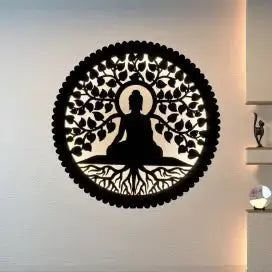 Wooden Buddha Wall Lamp with LED Light – Spiritual Wall Decor, Zen Meditation Room Lighting, Bodhi Tree Design, Ideal for Bedroom, Living Room, Meditation, and Yoga Spaces - Laser art