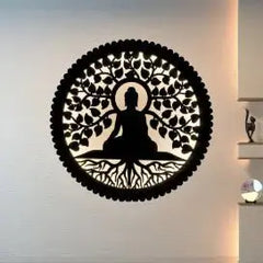 Wooden Buddha Wall Lamp with LED Light – Spiritual Wall Decor, Zen Meditation Room Lighting, Bodhi Tree Design, Ideal for Bedroom, Living Room, Meditation, and Yoga Spaces - Laser art