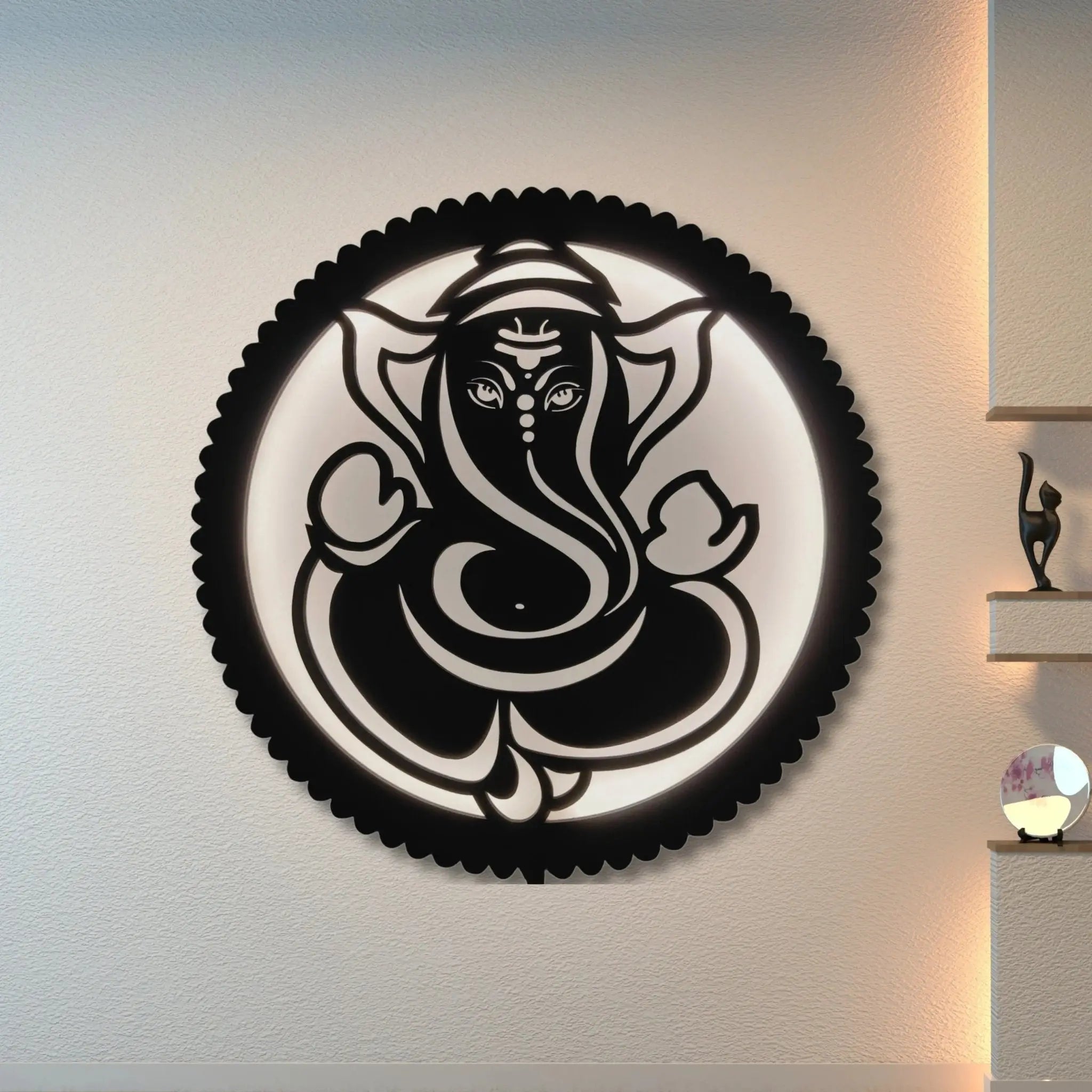 Wooden LED Wall Lamp – Spiritual Wall Sconce for Home Décor, Living Room, Meditation, and Temple | Energy - Efficient Modern LED Backlight | Religious Hindu Gift (Ganesha) - Laser art