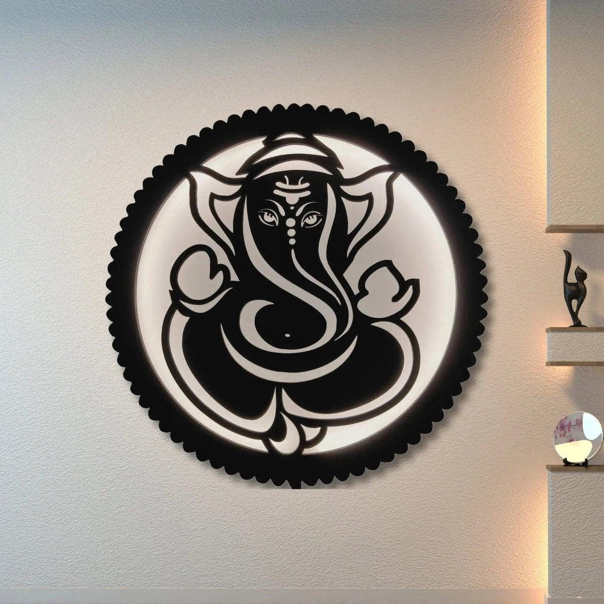 Wooden LED Wall Lamp – Spiritual Wall Sconce for Home Décor, Living Room, Meditation, and Temple | Energy - Efficient Modern LED Backlight | Religious Hindu Gift (Ganesha) - Laser art