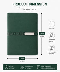 A5 Premium Green Leather Diary with Card Holder, Pen Loop & Lock